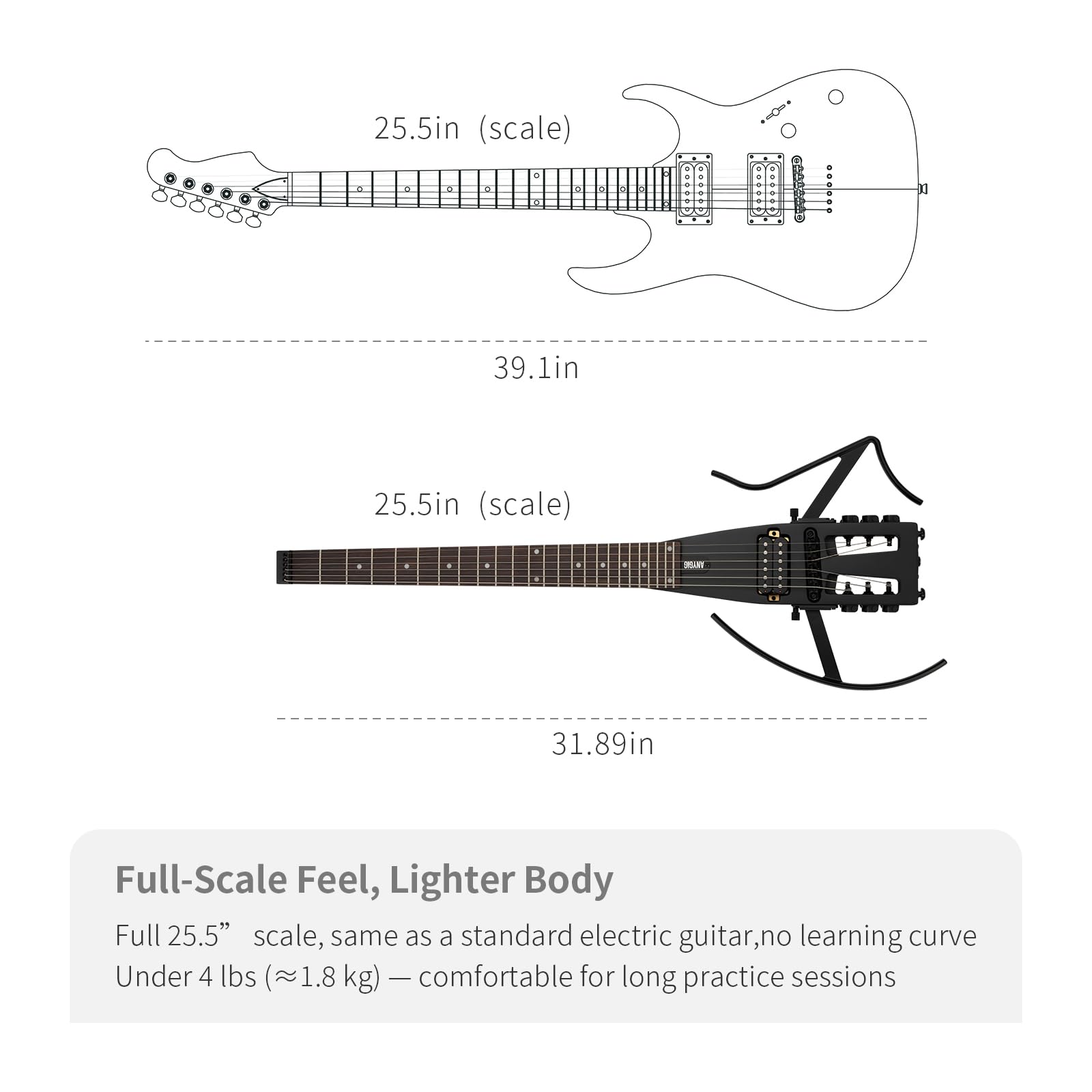 Anygig Travel Electric Guitar Headless – Portable Ultra-Light and Quiet, Full-Scale 25.5” Rosewood Fingerboard, Glow Humbucker, Gig Bag, Removable Stands for Left and Right Black