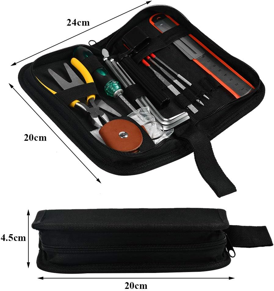 Guitar Repairing Tool Kit with Wire Plier, String Organizer, Fingerboard Protector, Hex Wrenches, Files, String Action Ruler, Spanner Wrench, Bridge Pins for Guitar Ukulele Bass Mandol