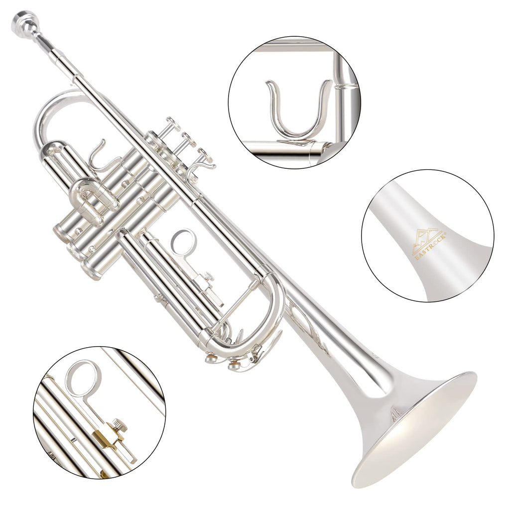 EASTROCK Bb Trumpet Standard Trumpet Set with Carrying Case,Gloves, 7C Mouthpiece, Tuning Rod, Black Nickel,Hand Carved Craft
