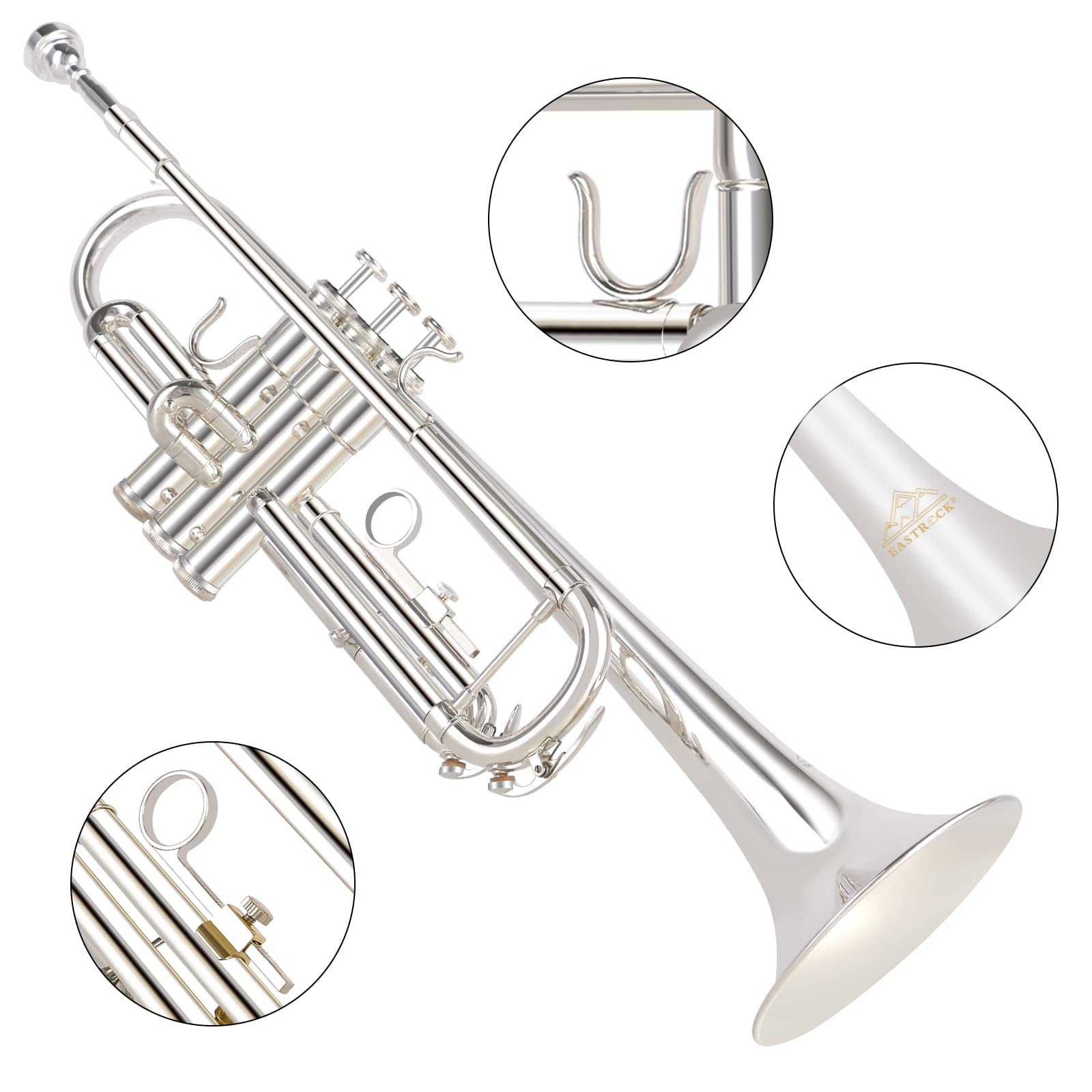 EASTROCK Bb Trumpet Standard Trumpet Set with Carrying Case,Gloves, 7C Mouthpiece, Tuning Rod, Black Nickel,Hand Carved Craft