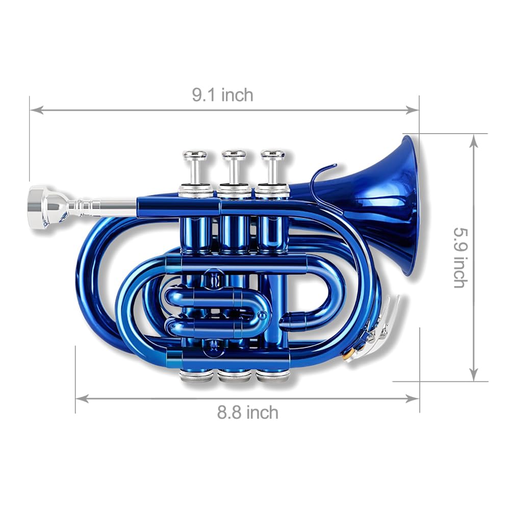 Yinfente Bb Flat Pocket Trumpet Bass Trumpet For Beginner,Student With Cleaning cloth, Silver plated 7C mouthpiece,hard case White gloves (Gold)