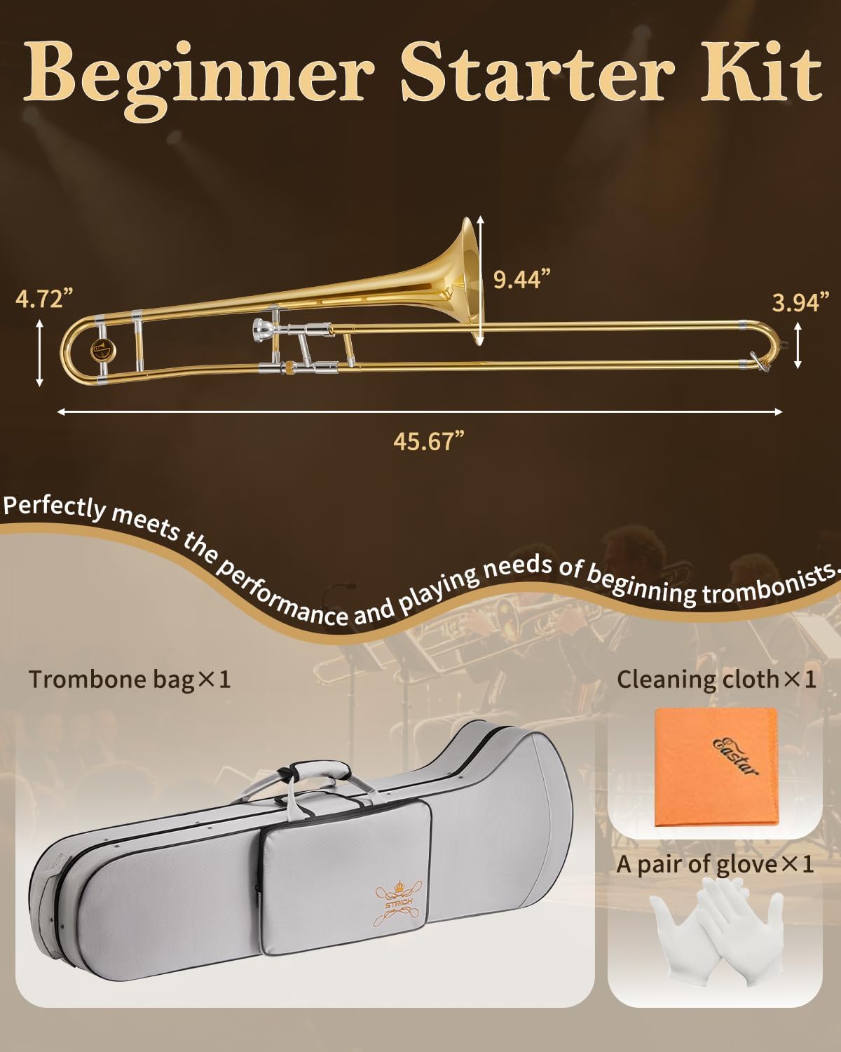 STRICH Bb Tenor Slide Trombone Student Beginner Brass Trombone Kit with 7C Mouthpiece White Gloves Cleaning Kit Hard Performance Case, STB-1G, Gold