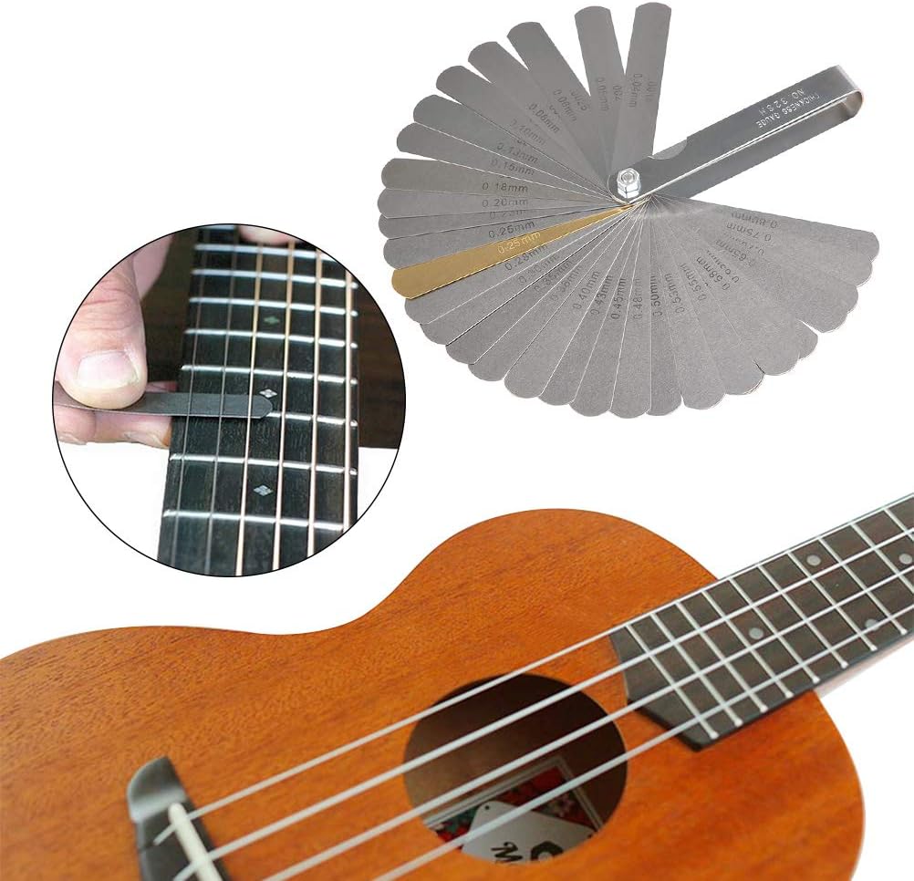 TIMESETL 17 Pcs Guitar Luthier Tools Including 4 Guitar Notched Radius Gauges, 9 Understring Radius Gauge Luthier Tools, 32 Blades Feeler Gauge, String Action Gauge Ruler and 2 Fingerboard Guards