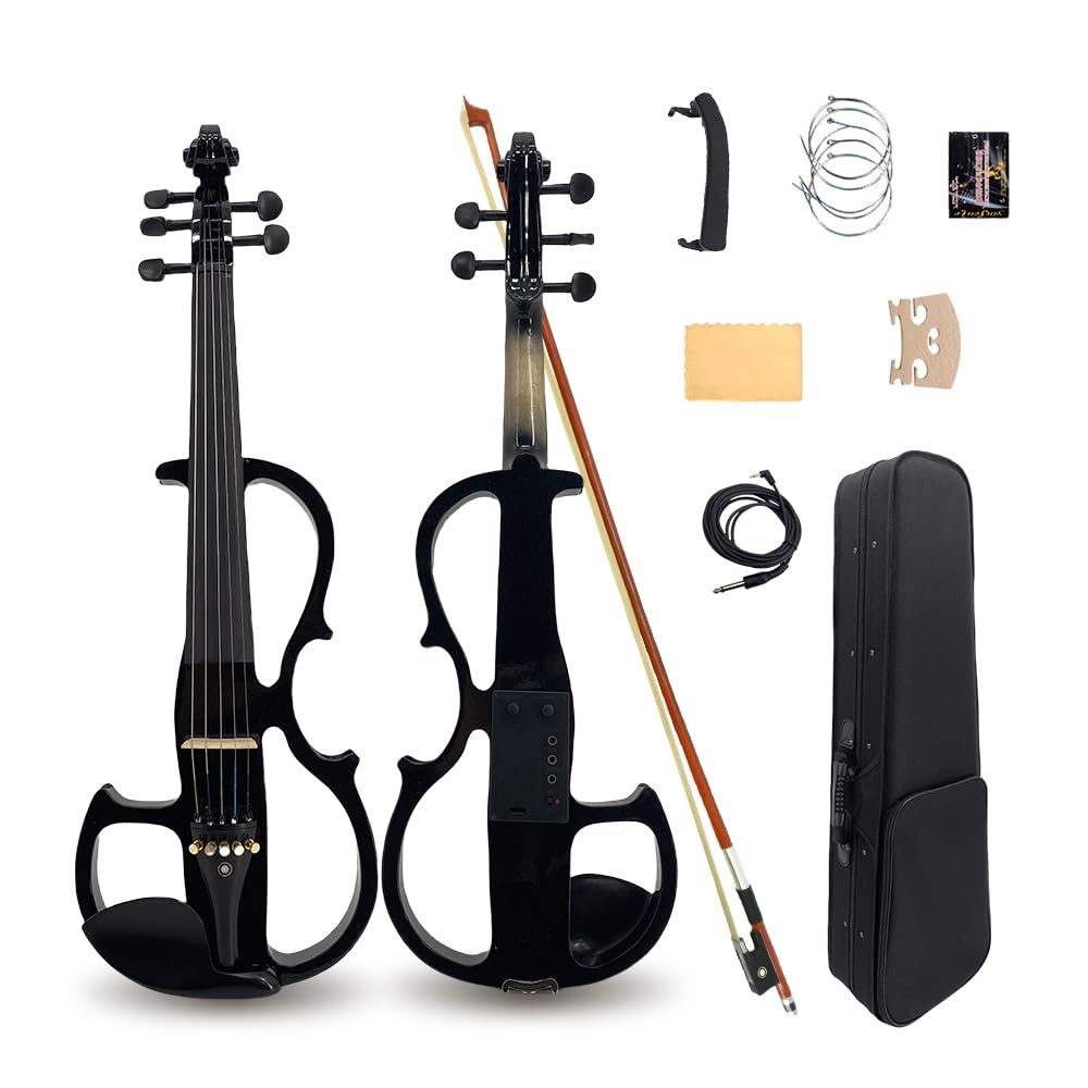 Vetimobato Electric Violin 4/4 Full Size Solid Wood Silent Violin Set for Adults Beginner Practice Electric Fiddle with Ebony Fittings Hard Case & Bow(4 String White)