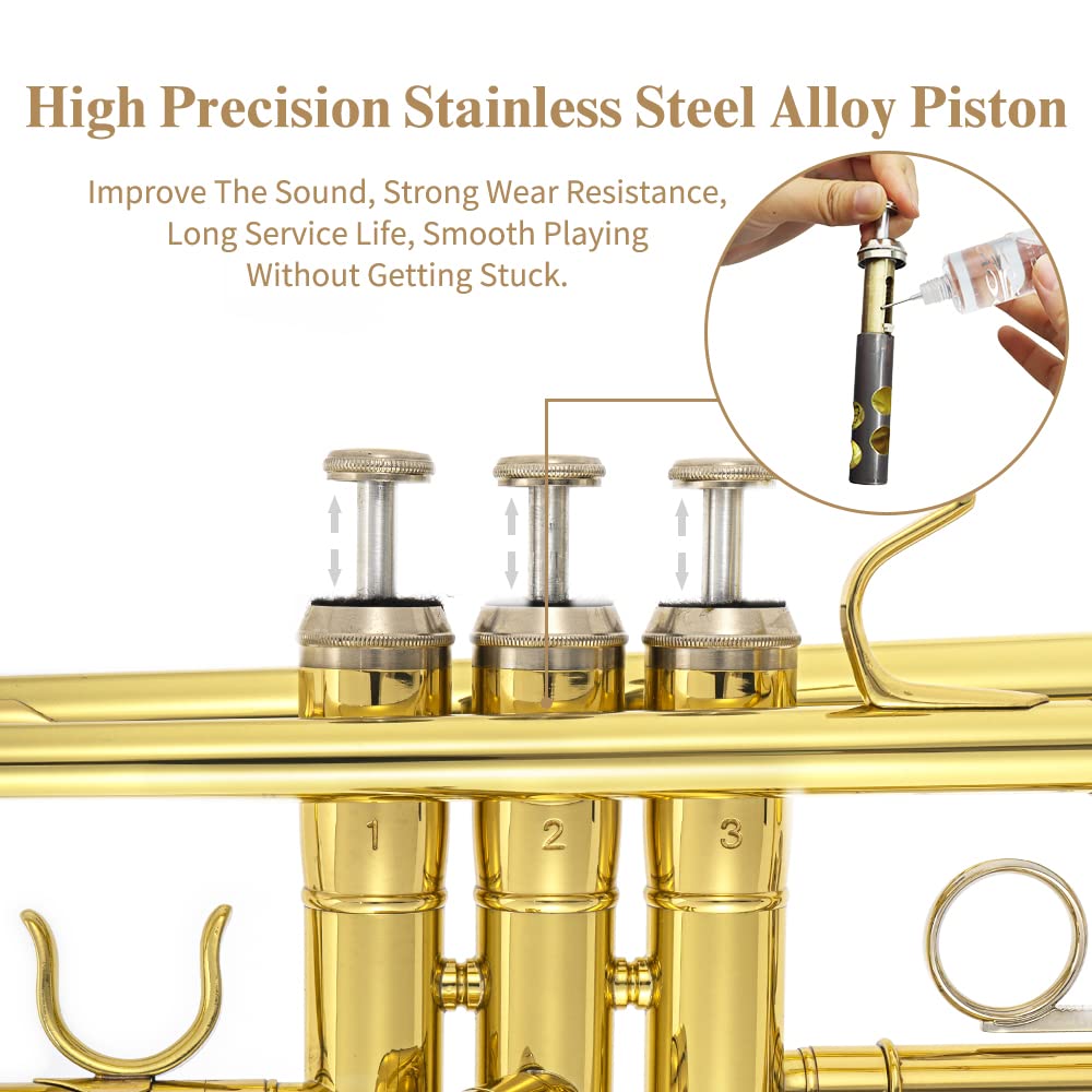 Trumpet Instrument,Band & Orchestra Musical Instruments for Beginners,With trumpets case,Mouthpiece,Cloth and Gloves (Golden)