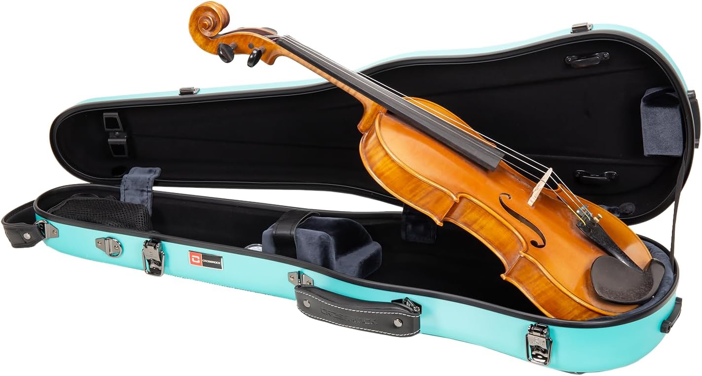 Crossrock Poly Carbon Shaped Violin Case for 4/4 Full-Size | Matte Mint Blue Finish, Hygrometer, Accessory Storage, Protective Blanket – Lightweight Hard Shell