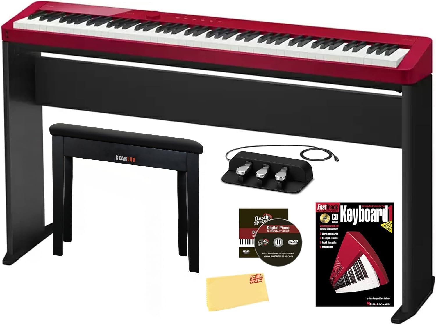 Casio PX-S1100 Privia Digital Piano - Black Bundle with CS-68 Furniture Stand, SP-34 Three Pedal System, Furniture Bench, Instructional Book, Instructional Video, and Austin Bazaar Polishing Cloth