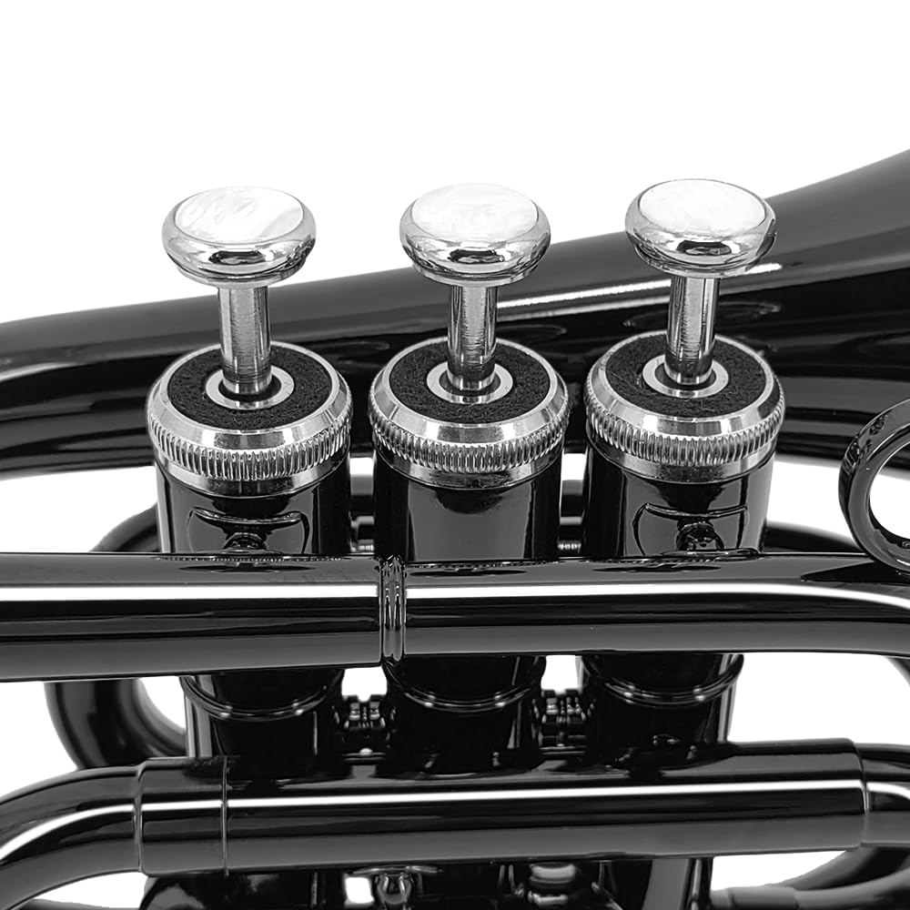 Bb Pocket Trumpet - Brass Pocket Trumpet B Flat Nickel Plated, 7C Mouthpiece, Complete Beginner Kit - Includes Hard Carrying Case, Cleaning Kit, Gloves, golden