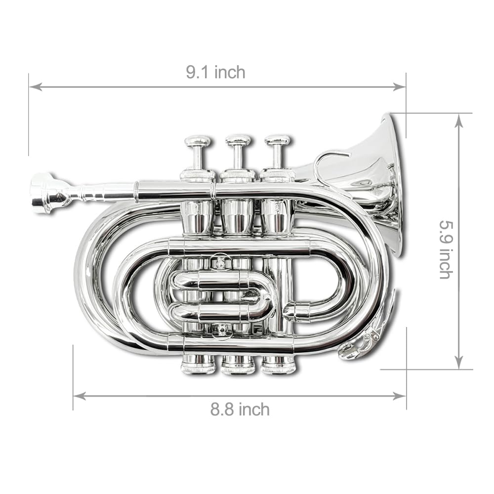 Yinfente Bb Flat Pocket Trumpet Bass Trumpet For Beginner,Student With Cleaning cloth, Silver plated 7C mouthpiece,hard case White gloves (Gold)