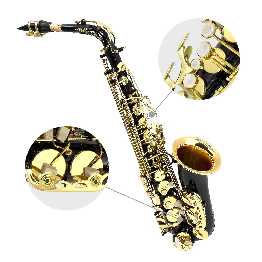 Student Eb Alto Saxophone E Flat for Beginners Sax Full Kit with Pads Cushions,Hard Carrying Case,Neck Strap,Reeds,Cleaning Cloth & Rod,Mouthpiece,Gloves