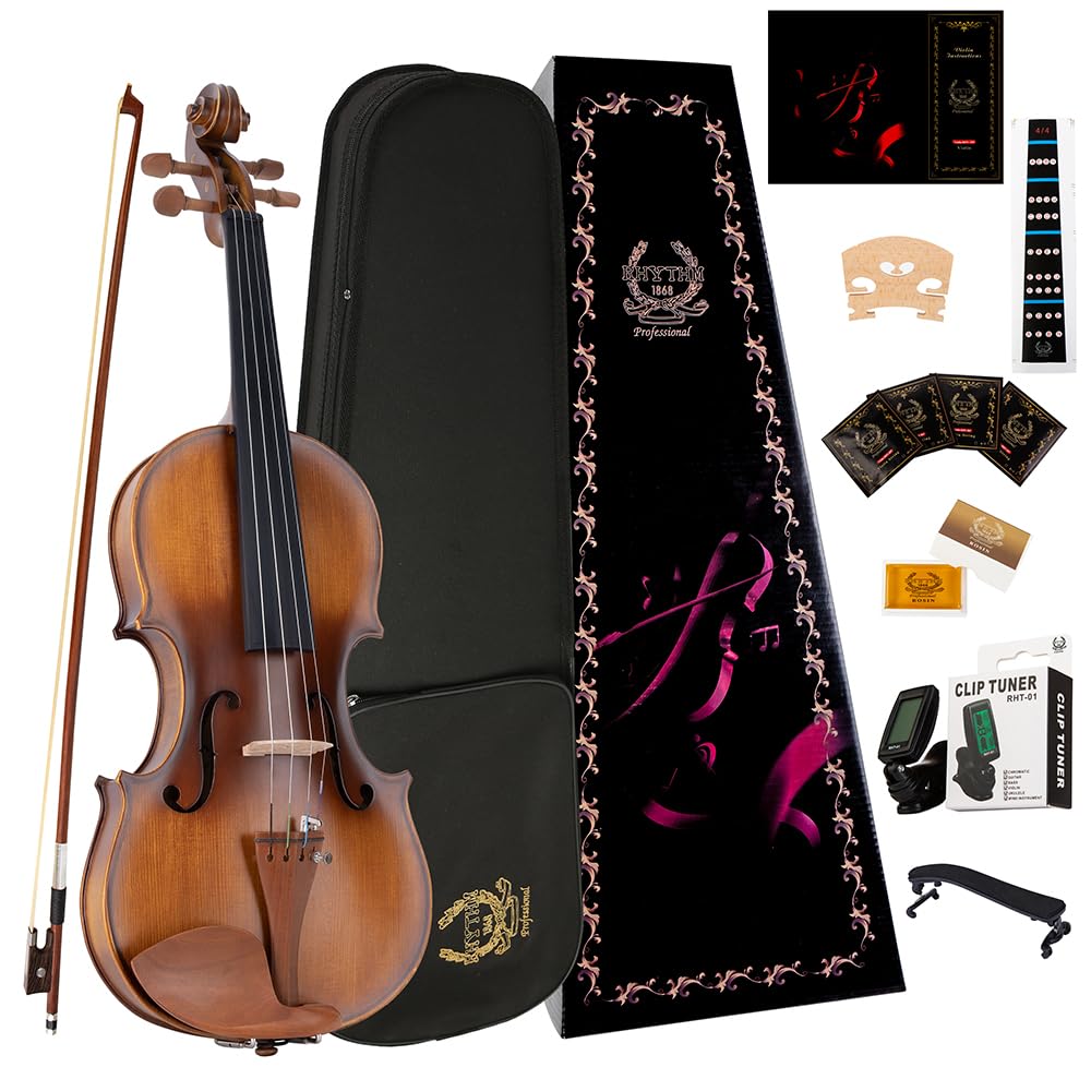 Rhythm Violin Set for Beginners,Acoustic Violins Starter Kit Package for Student,Beginners Fiddle with Hard Case, Rosin, Shoulder Rest, Bow, and Extra Strings (NATURAL, Full)