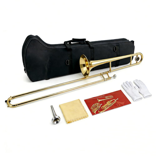 Bb Tenor Slide Trombone | Full Kit with Mouthpiece Gloves & Cleaner - Student-Friendly B Flat Tenor Slide Trombone, All-In-One Package for New Learners (Gold)