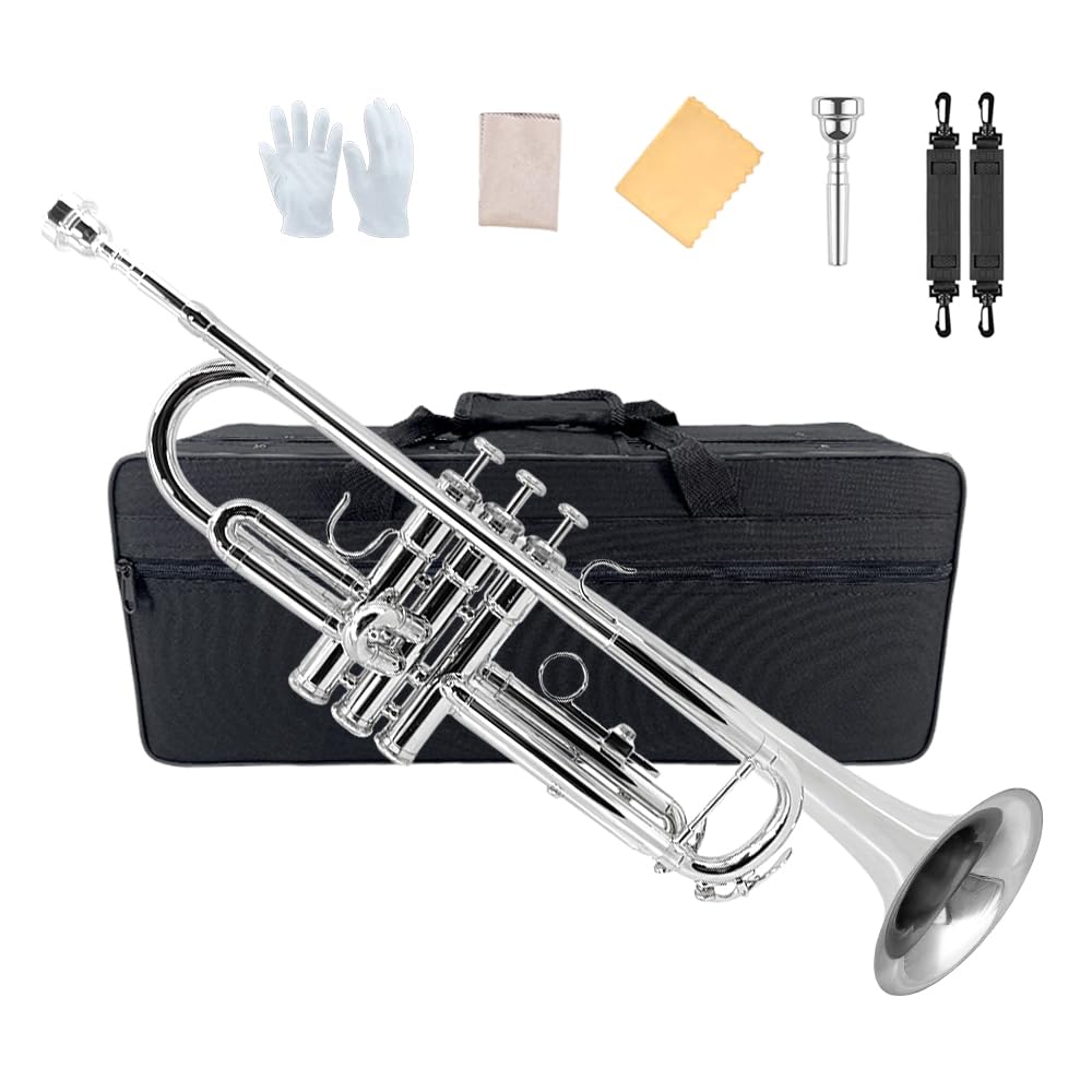 Yinfente Bb Standard Trumpet Set for Beginner or Advance Student, Brass Student Trumpet Instrument With Hard Case, 7C Mouthpiece, Cleaning Kit,White Gloves Glod