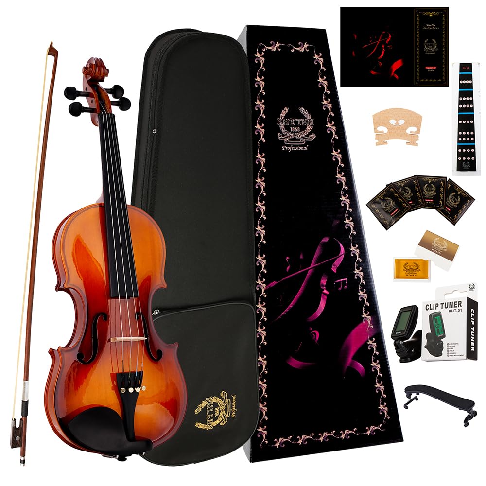 Rhythm Violin Set for Beginners,Acoustic Violins Starter Kit Package for Student,Beginners Fiddle with Hard Case, Rosin, Shoulder Rest, Bow, and Extra Strings (NATURAL, Full)