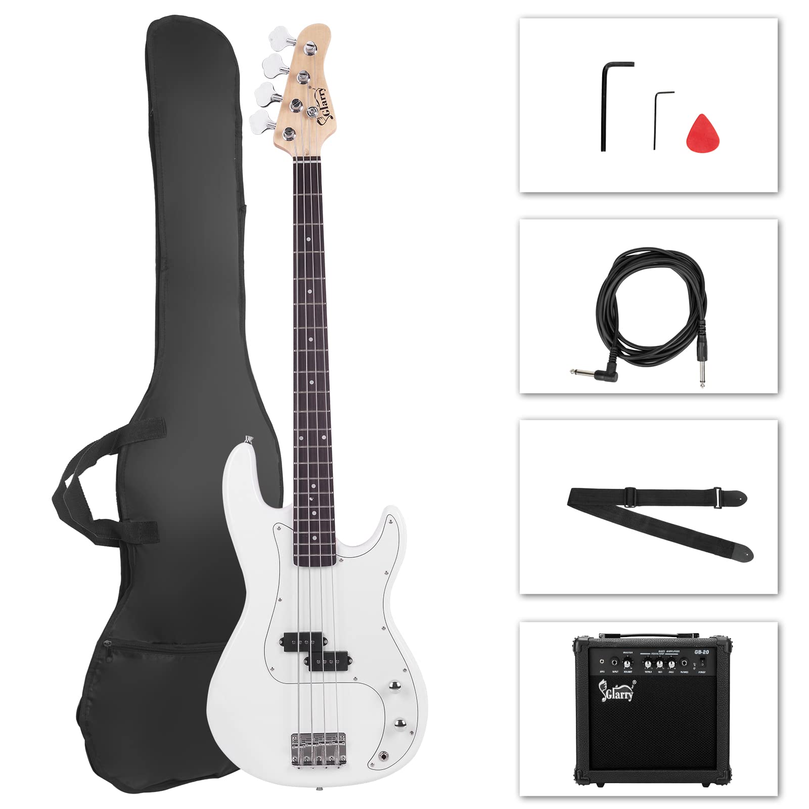 GLARRY Full Size Electric Bass Guitar Beginner Kit 4 String Exquisite Basswood Bass with 20W AMP, Cable, Strap, Bag and Accessories (Black, 39"Right Handed)