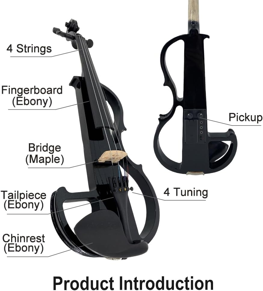 Vetimobato Electric Violin 4/4 Full Size Solid Wood Silent Violin Set for Adults Beginner Practice Electric Fiddle with Ebony Fittings Hard Case & Bow(4 String Black)
