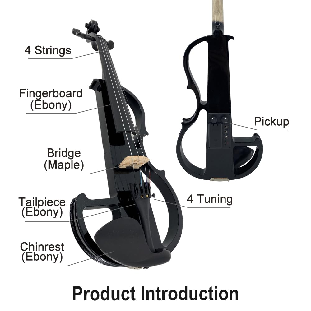 Vetimobato Electric Violin 4/4 Full Size Solid Wood Silent Violin Set for Adults Beginner Practice Electric Fiddle with Ebony Fittings Hard Case & Bow(4 String White)