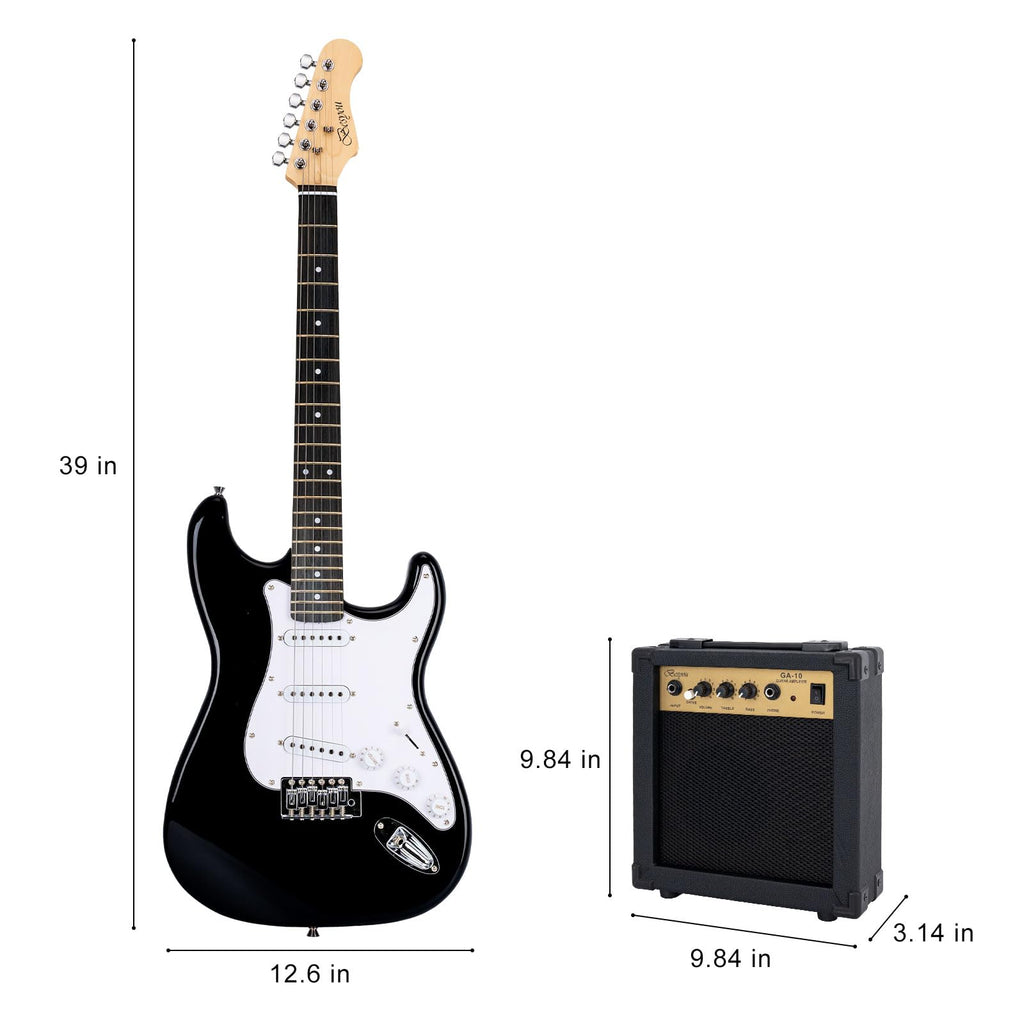 39 Inches Full Size Electric Guitar Beginner Electric Guitar Kits with 10W Amp Classic SSS Pickup Complete with Gig Bag Tuner Capo Strap Picks Guitar String Winders Black