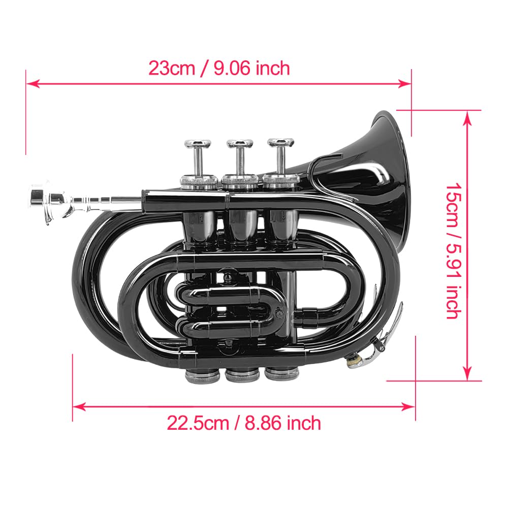 Bb Pocket Trumpet - Brass Pocket Trumpet B Flat Nickel Plated, 7C Mouthpiece, Complete Beginner Kit - Includes Hard Carrying Case, Cleaning Kit, Gloves, golden