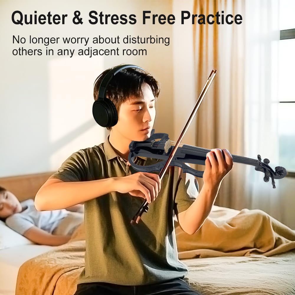 Vetimobato Electric Violin 4/4 Full Size Solid Wood Silent Violin Set for Adults Beginner Practice Electric Fiddle with Ebony Fittings Hard Case & Bow(4 String White)