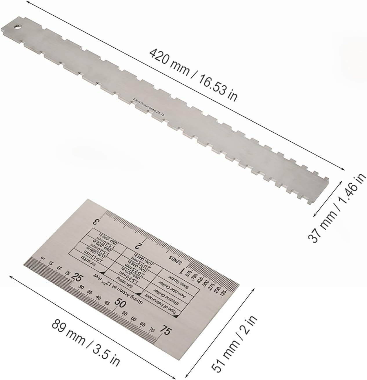 Guitar Neck Notched Straight Edge Ruler Set, Stainless Steel String Action Height Gauge Tool, 25.5 inch & 24.75 inch Scale, for Guitar Setup, Luthiers and