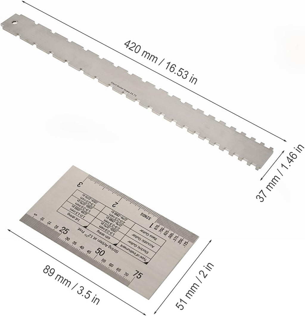 Guitar Neck Ruler for checking fretboard straightness and a String Action Height Gauge for setup adjustments, a dual scale Luthier Guitar Measurement Tool