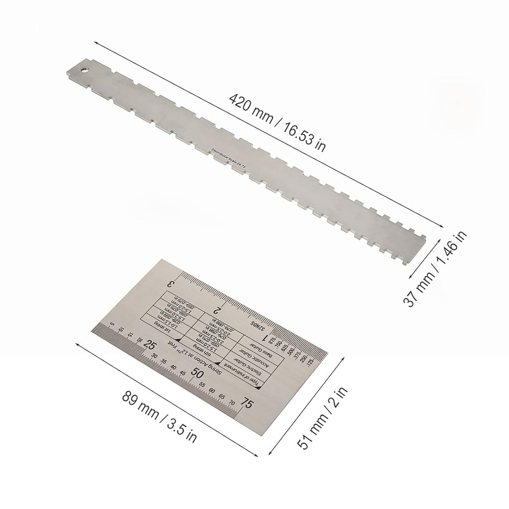 Guitar Neck Notched Straight Edge Ruler and String Action Height Gauge Set, Stainless Steel Fretboard Leveling Tool with Dual Scale for Fender 25.5" and 24.75", for Guitar Setup