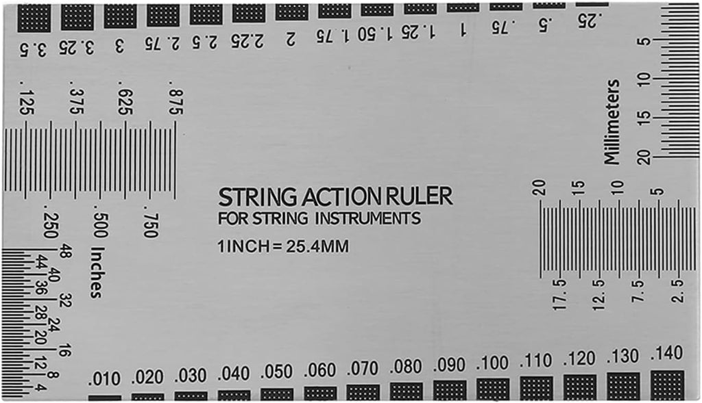 String Action Gauge Ruler, Stainless Steel Guitar Setup Measurement Tool with 32 Piece Feeler Gauges, Double Sided Etched Scale, 2 Fret Guards for Luthiers Players