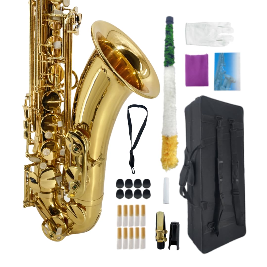 Beginner Alto Saxophone, E Flat - Complete Starter Kit with Case & 10 Reeds, for Adults & Students, Easy to Play for School Band & Practice(Gold)