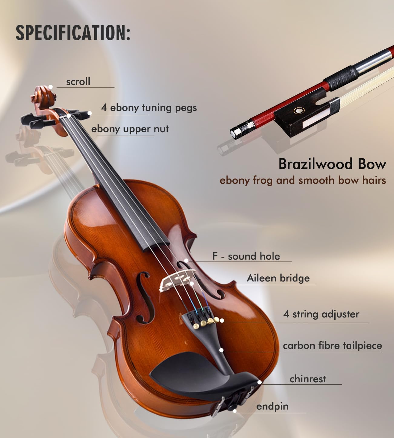 Aileen 4/4 Violin Set for Beginners, Full Size Fiddle Kit for Adults Starters and Children Teenager Students