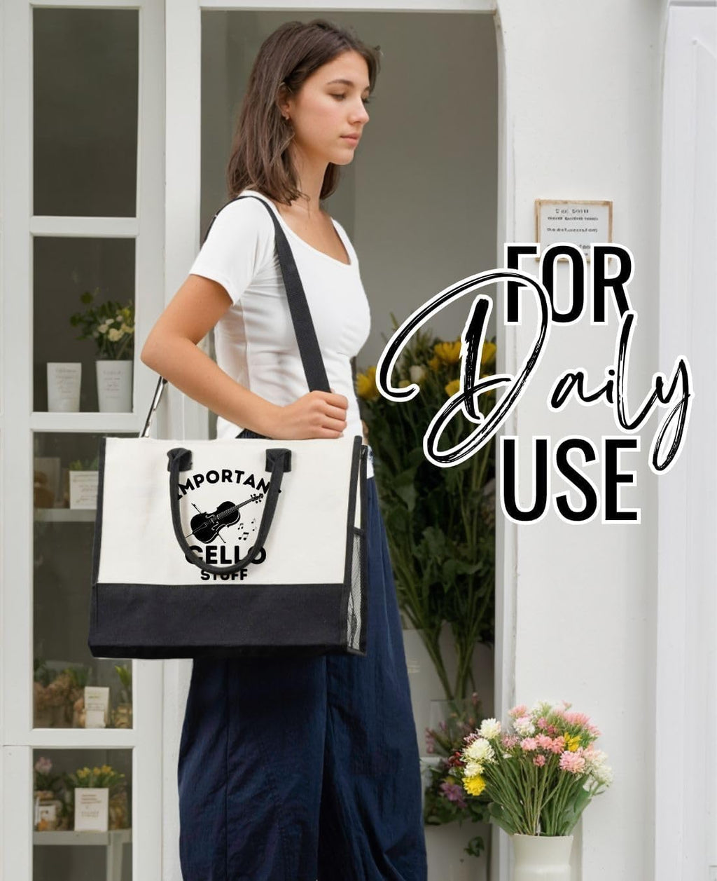 InnoBeta Cello Gifts for Women, Gifts for Cello Players, Cellist Canvas Tote Bag for Girls Mom, Grandma, Bag with Top Zipper Closure and Shoulder Strap for Birthday,Christmas