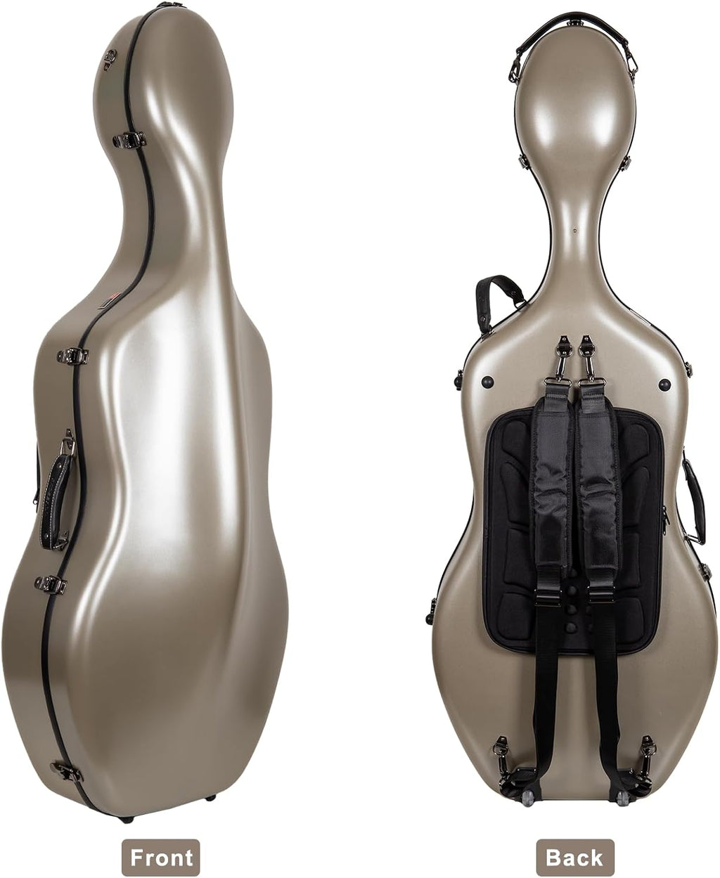 Crossrock Poly Carbon Cello Case for 4/4 Full Size | Champagne Matte Finish, Black Velvet Interior, Wheels, Music Pouch – Lightweight Protection Series