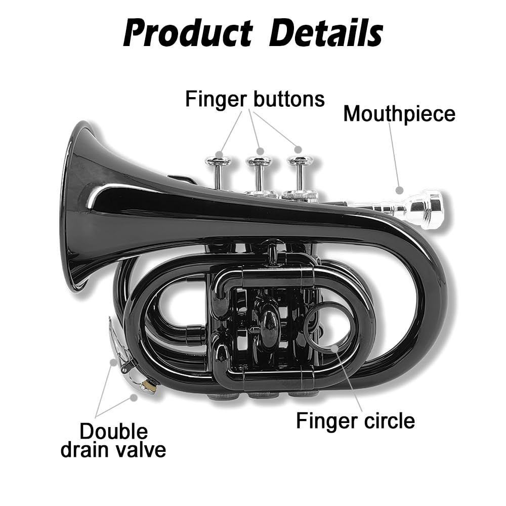 Yinfente Bb Flat Pocket Trumpet Bass Trumpet For Beginner,Student With Cleaning cloth, Silver plated 7C mouthpiece,hard case White gloves (Gold)