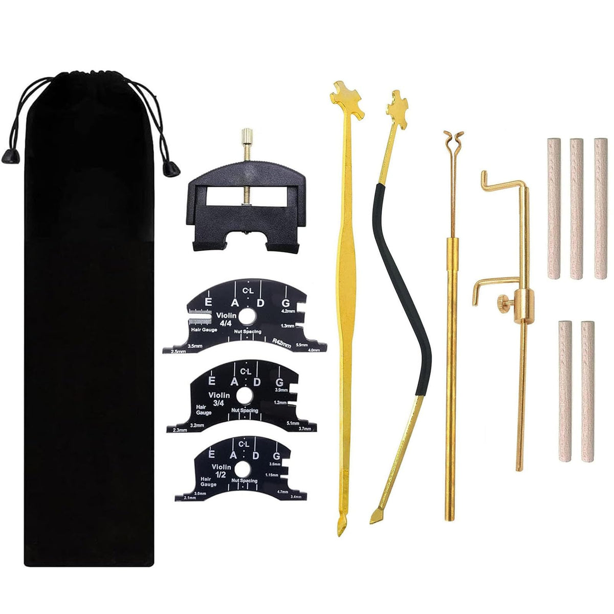 14 Pieces Violin Luthier Install Repair Tool Kit with Template Gauge, String Lifter, Maple Bridge, Sound Post Gauge, Retriever Clip, Setter, Velvet Storage Bag Violin Parts & Accessories