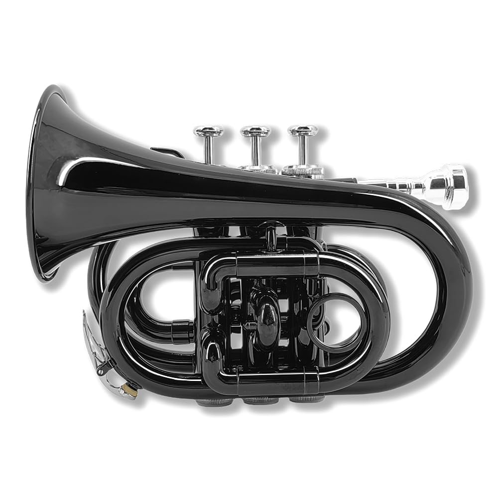 Pocket Trumpet Bb Flat Brass Trumpet for Beginner Student with 7C Mouthpiece Carrying Hard Case Cleaning Cloth Gloves