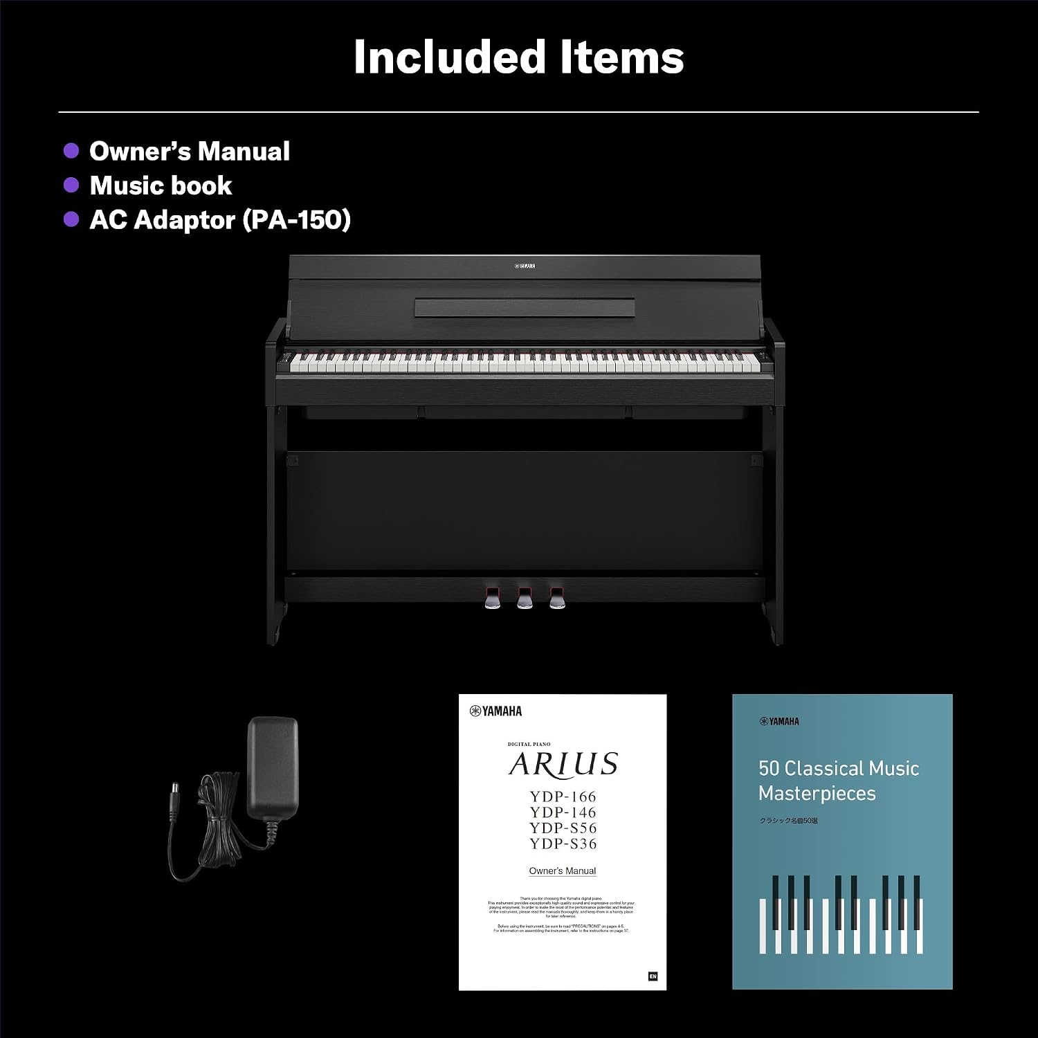 Yamaha Arius Compact Upright Digital Piano Keyboard For Apartments and Small Spaces, 88-Key Weighted Graded Hammer Action, Touch Response, Grand Piano Sound, 3-Pedal Unit in White YDP-S36WH