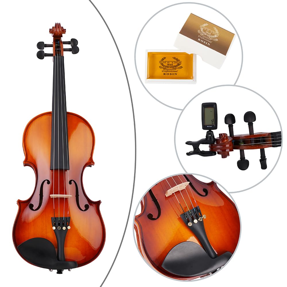 Rhythm Violin Set for Beginners,Acoustic Violins Starter Kit Package for Student,Beginners Fiddle with Hard Case, Rosin, Shoulder Rest, Bow, and Extra Strings (NATURAL, Full)