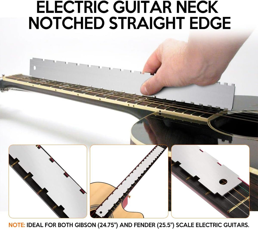 Guitar Neck Notched Straight Edge Luthiers Tool with String Action Ruler Gauge and Fritz Ruler for Gibson Fender and Most Guitar