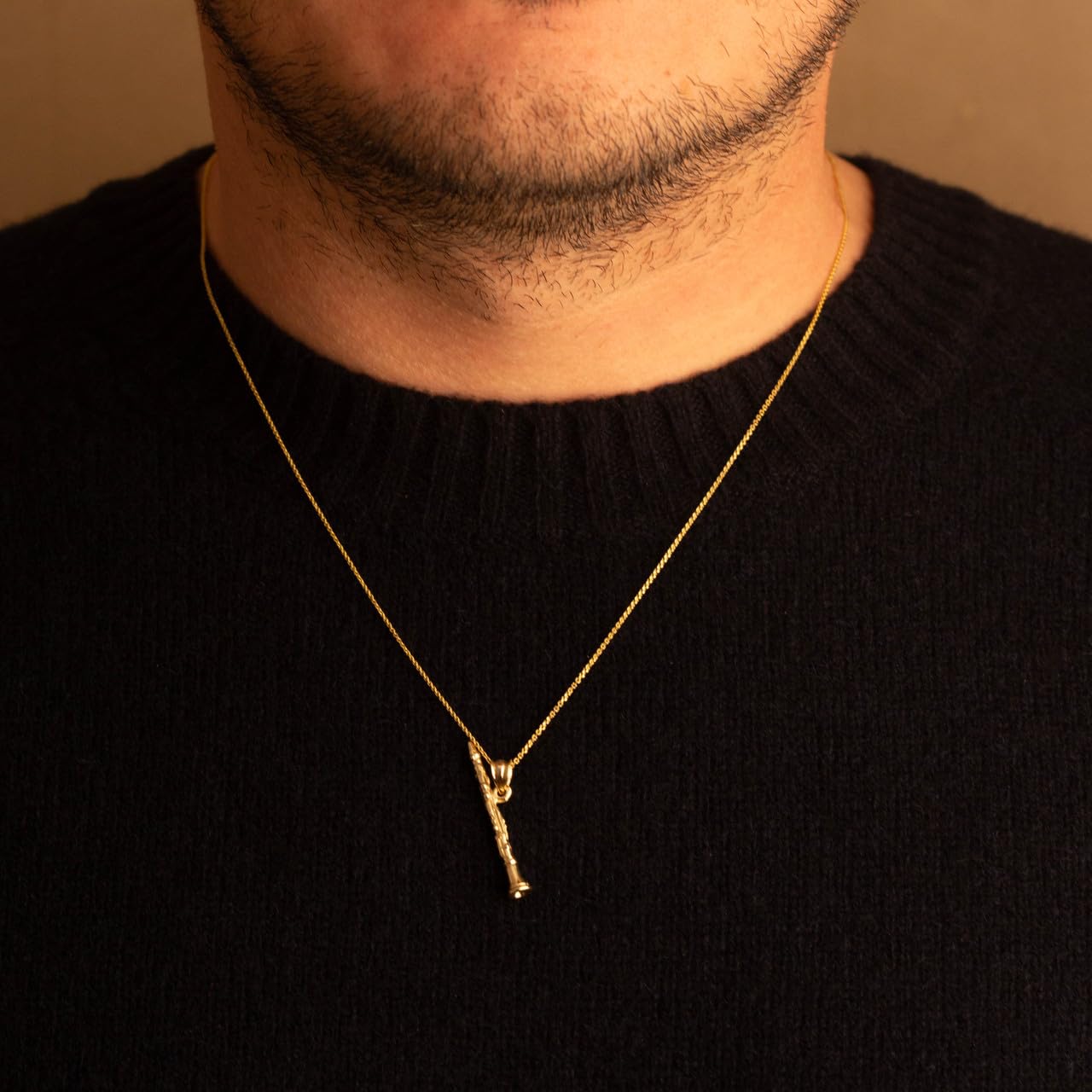 14K Yellow Gold Dangling Music Charm Woodwind Clarinet Pendant Necklace with Rolo Chain - Choice of Length