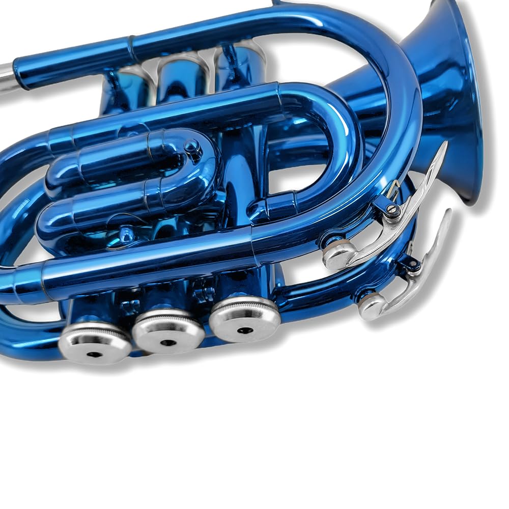 Pocket Trumpet Bb Flat Brass Trumpet for Beginner Student with 7C Mouthpiece Carrying Hard Case Cleaning Cloth Gloves