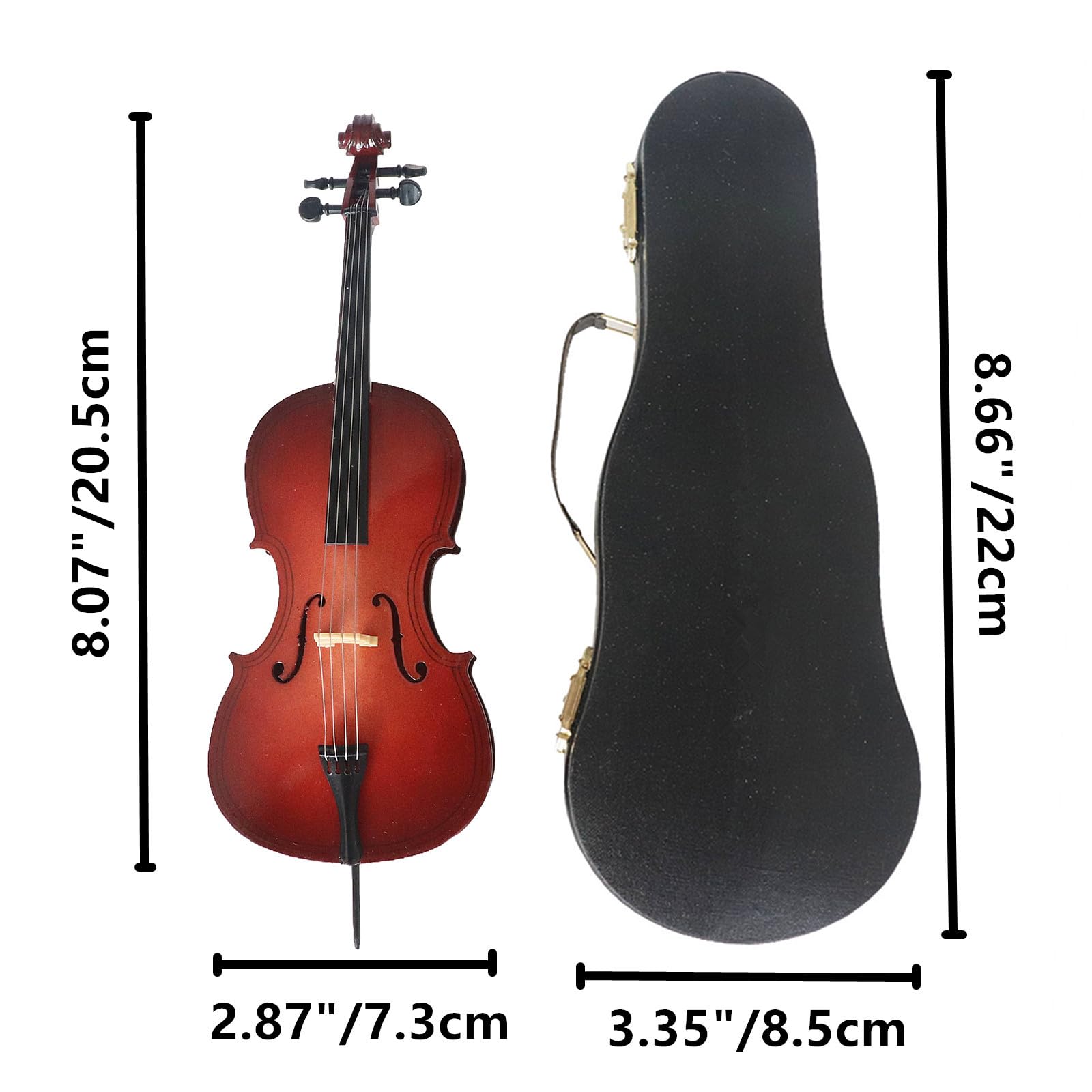 Wooden Miniature Cello with Stand, Bow and Case Mini Musical Instrument Cello Replica Collectible Figurines Dollhouse Accessories Model Home Decoration Display Ornament (5.51"x1.97"x0.63")
