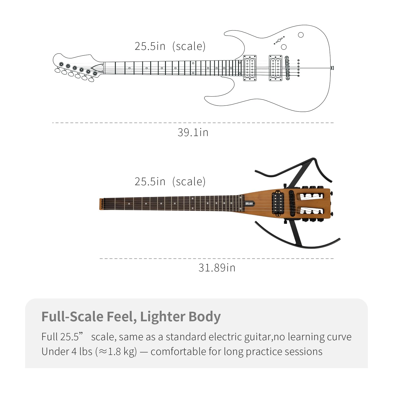 Anygig Travel Electric Guitar Headless – Portable Ultra-Light and Quiet, Full-Scale 25.5” Rosewood Fingerboard, Glow Humbucker, Gig Bag, Removable Stands for Left and Right Black