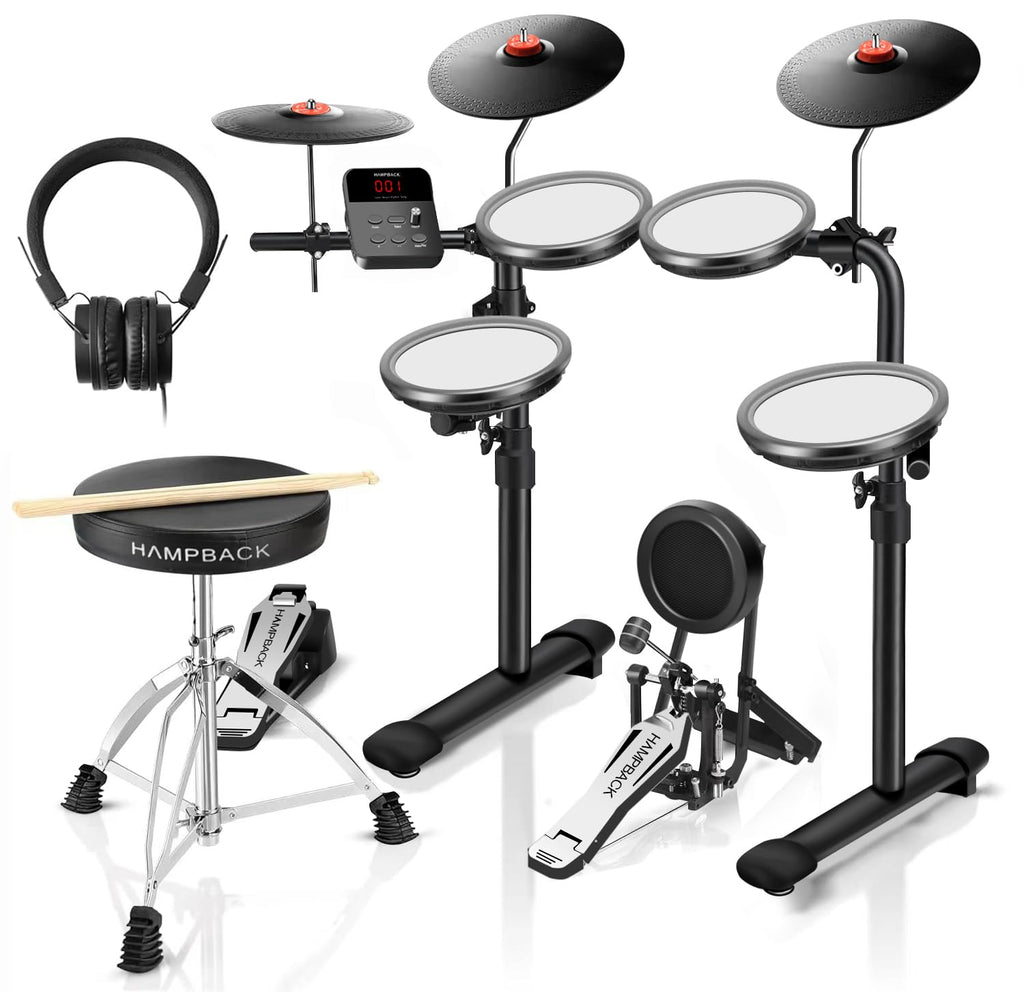 HAMPBACK MK-0 Electric Drum Set with 7'' Quiet Mesh Drum Pads, 8'' Full Rubber Cymbals, 12 Kits and 68 Authentic Sounds, USB MIDI, Throne, Sticks, Headphone, 2 Switch Pedals for Beginners & Kids