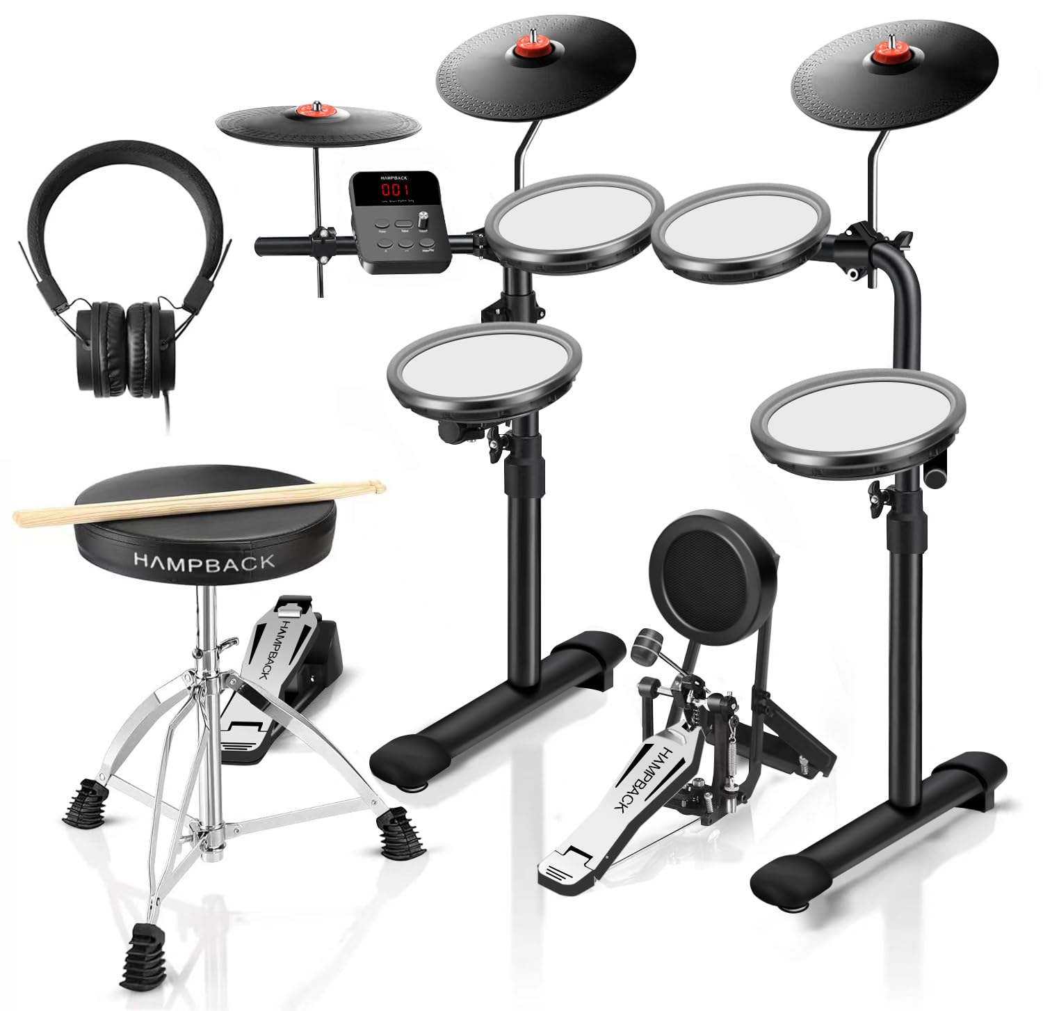 HAMPBACK MK-0 Electric Drum Set with 7'' Quiet Mesh Drum Pads, 8'' Full Rubber Cymbals, 12 Kits and 68 Authentic Sounds, USB MIDI, Throne, Sticks, Headphone, 2 Switch Pedals for Beginners & Kids