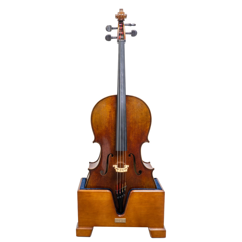 MI&VI Classic Wooden Cello Box Stand 4/4 Full Size - Burgundy Red Velvet Plush Cushion Wood Cello Stand with Bow Storage Holder Slot Included