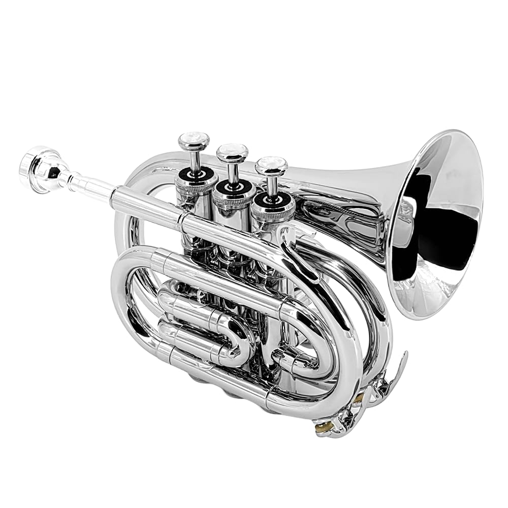 Bb Pocket Trumpet - Brass Pocket Trumpet B Flat Nickel Plated, 7C Mouthpiece, Complete Beginner Kit - Includes Hard Carrying Case, Cleaning Kit, Gloves, golden