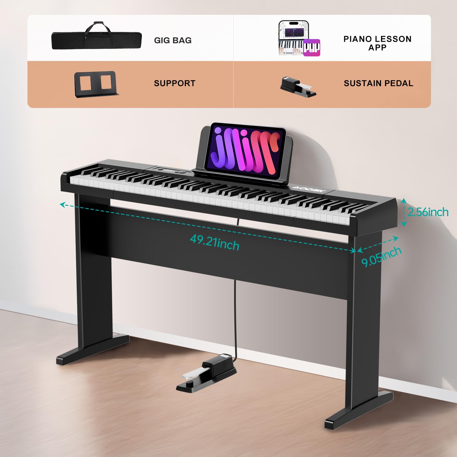 AODSK Digital Piano 88 Key Full Size Weighted Keyboard Overall Solid Wood Frame for Beginners with Sheet Music Stand Triple Pedal Power Adapter