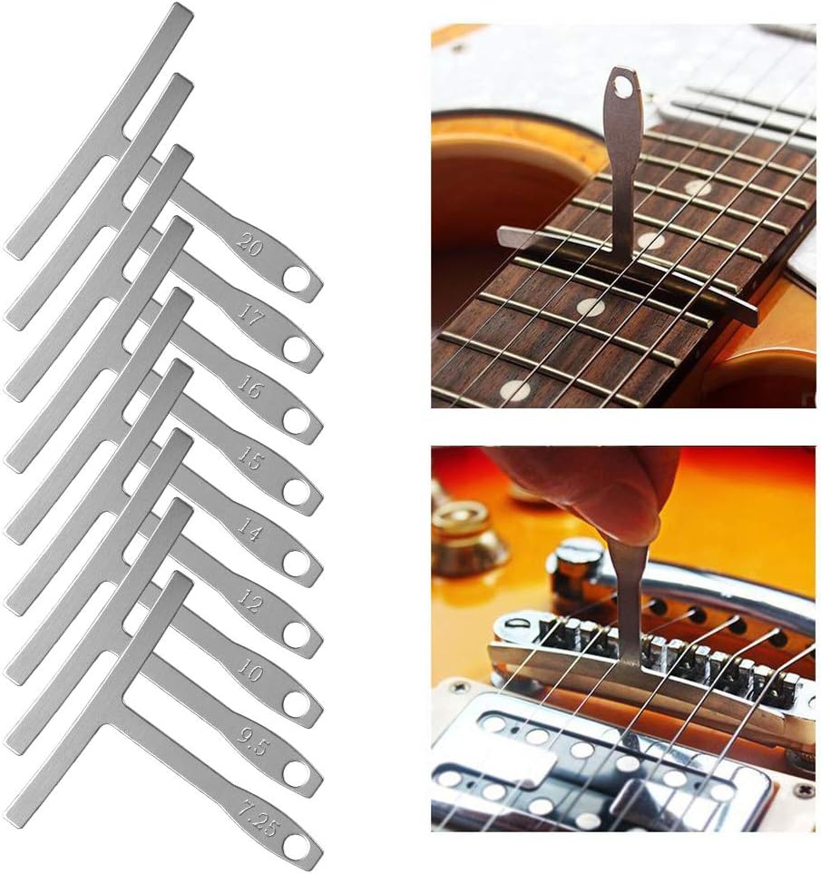 TIMESETL 17 Pcs Guitar Luthier Tools Including 4 Guitar Notched Radius Gauges, 9 Understring Radius Gauge Luthier Tools, 32 Blades Feeler Gauge, String Action Gauge Ruler and 2 Fingerboard Guards