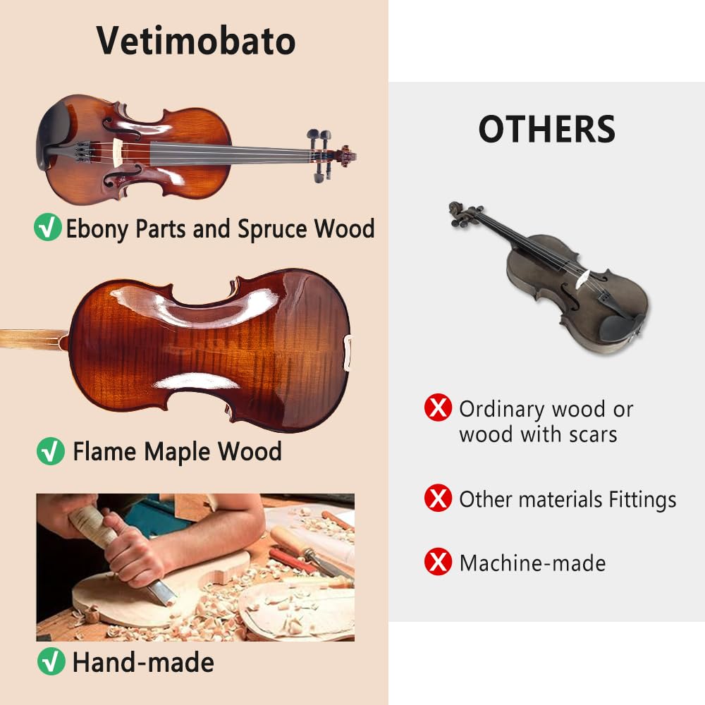 Vetimobato Handmade 4/4 Full Size Violin Set - One-piece Flame Back Maple Neck Solid Wood Fittings Complete Kit with Case Bow Shoulder Rest Strings for Beginners to Intermediate Players (4/4)