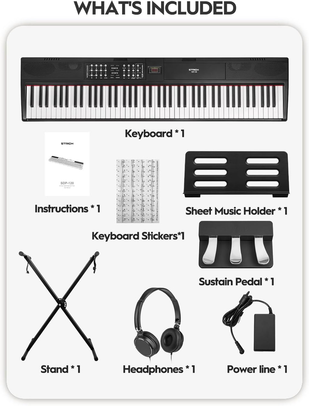STRICH 88 Keys Weighted Keyboard with Sustain Pedal, Hammer-Action Digital Piano, 2x15W Built-In Speakers, Full-size Electric Piano Keyboard Supports USB-MIDI/Wireless Connect, White, SDP-120
